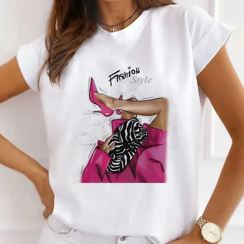 Europe and The United States Casual Women's Round Neck T-shirt Breathable Fashion Printed Girls Short Sleeve Base Shirt