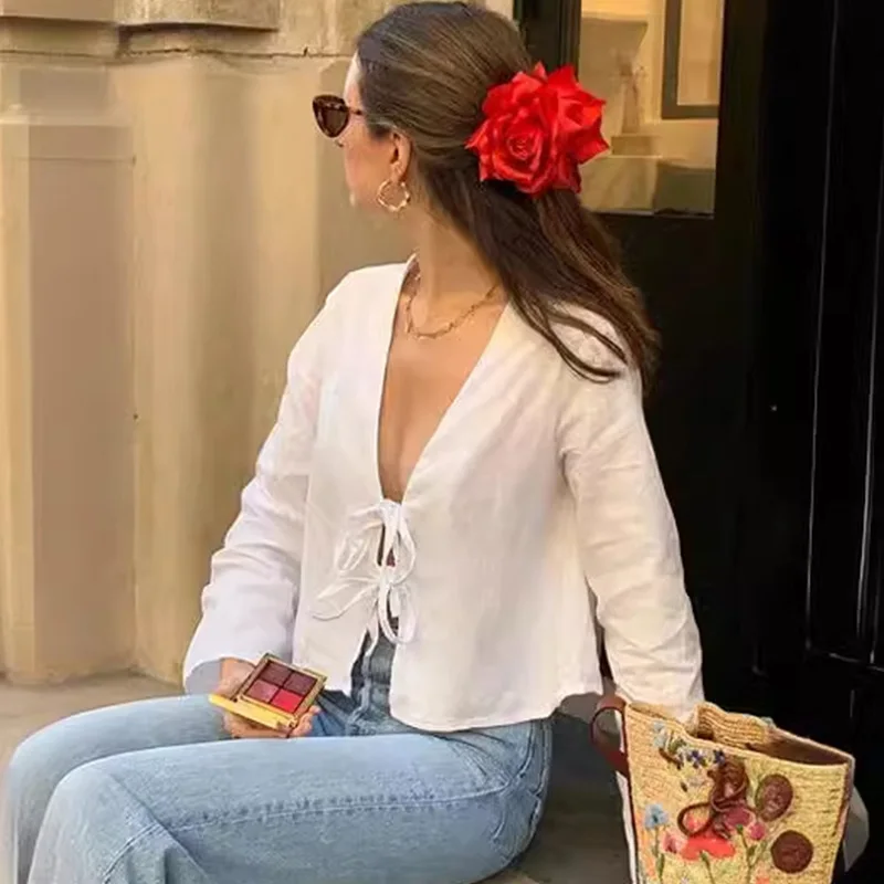 2024 Summer White Lace Up Shirts For Women‘s Elegant Loose Long Sleeve V-neck Blouse Female Solid Causal Street Chic lady Tops