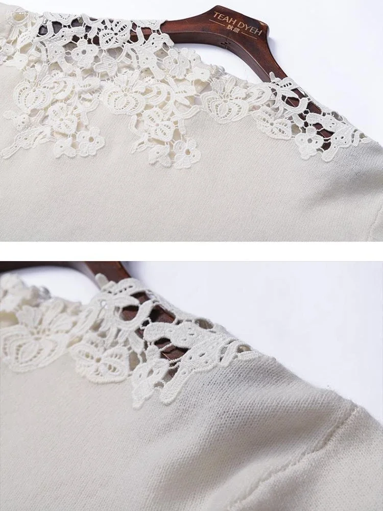 Women's Autumn Design Temperament T-shirt Wearing White Off-shoulder Top Fashion Embroidery Hollow-out Knitted Top Harajuku 2024