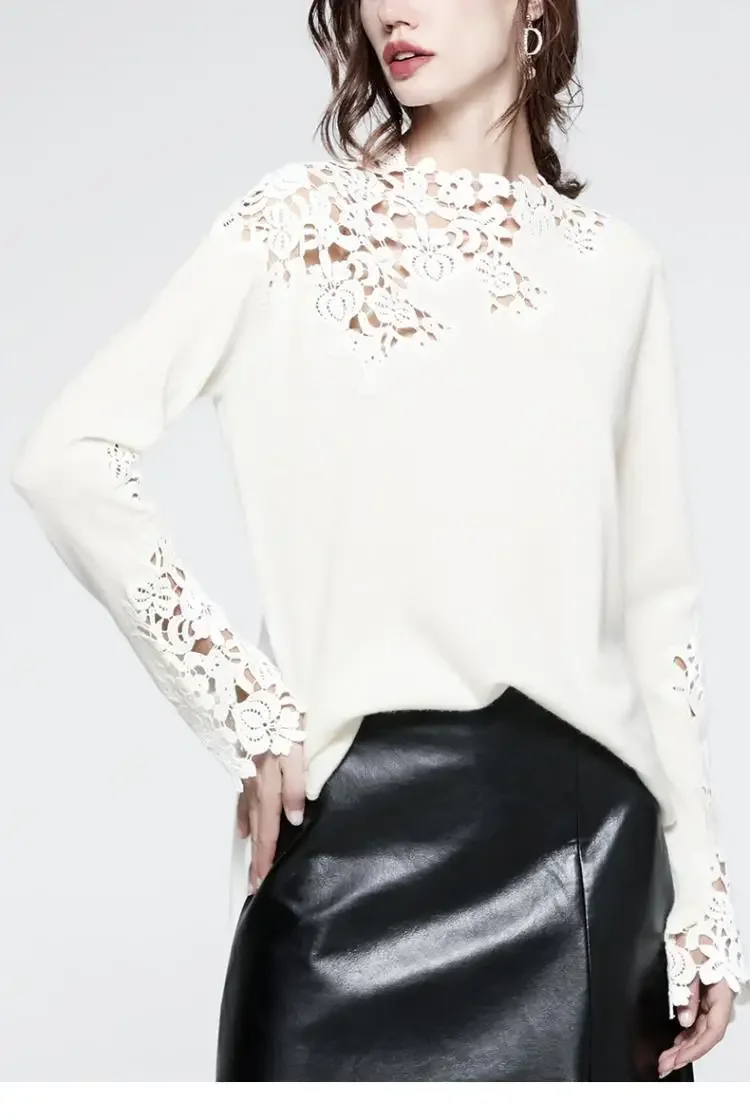 Women's Autumn Design Temperament T-shirt Wearing White Off-shoulder Top Fashion Embroidery Hollow-out Knitted Top Harajuku 2024