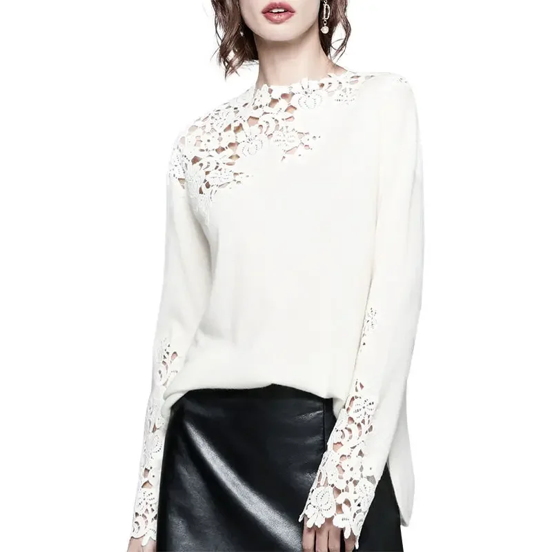 Women's Autumn Design Temperament T-shirt Wearing White Off-shoulder Top Fashion Embroidery Hollow-out Knitted Top Harajuku 2024