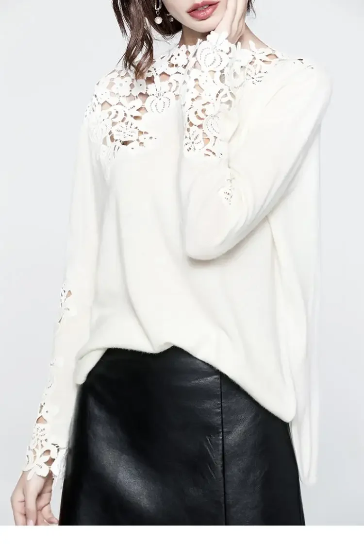Women's Autumn Design Temperament T-shirt Wearing White Off-shoulder Top Fashion Embroidery Hollow-out Knitted Top Harajuku 2024