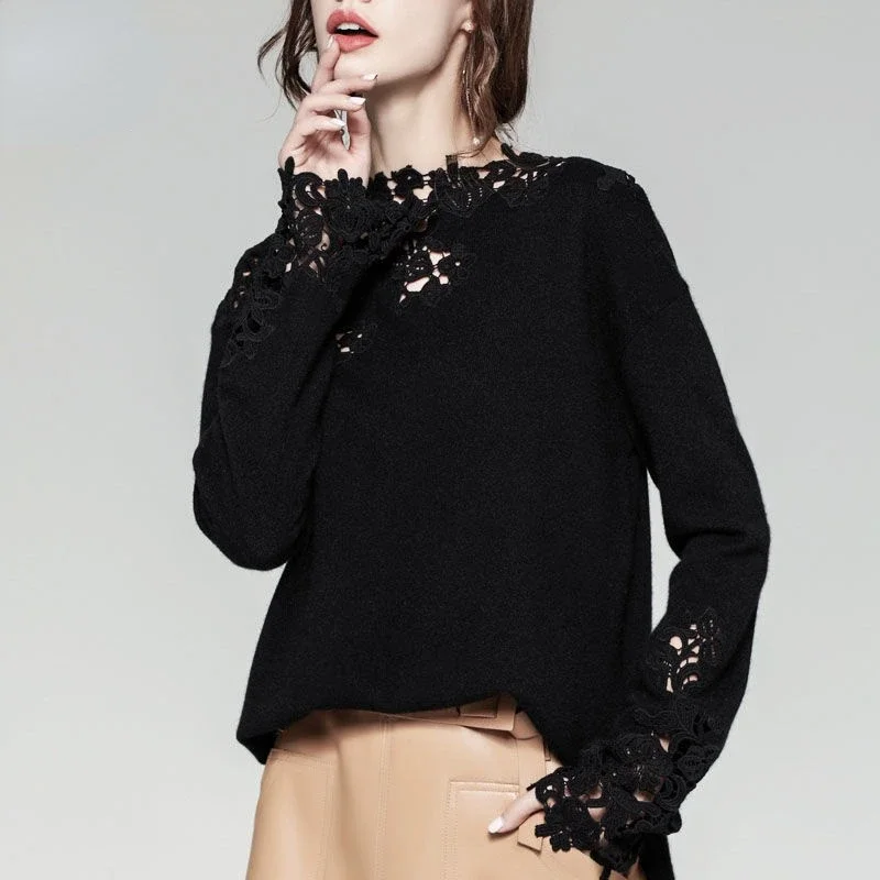 Women's Autumn Design Temperament T-shirt Wearing White Off-shoulder Top Fashion Embroidery Hollow-out Knitted Top Harajuku 2024