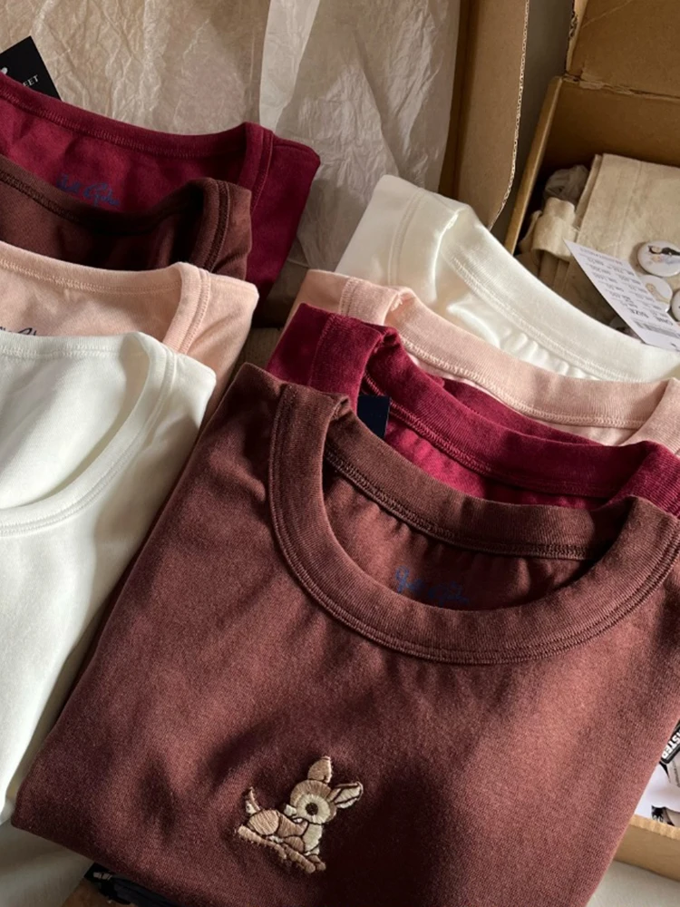 Little Deer Embroidery Pink T Shirt Women Cotton Round Neck Short Sleeve Tees Tops Female Vintage Cute Summer Slim Crop Top Y2k