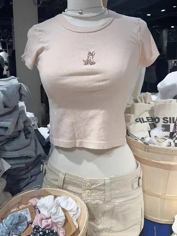 Little Deer Embroidery Pink T Shirt Women Cotton Round Neck Short Sleeve Tees Tops Female Vintage Cute Summer Slim Crop Top Y2k
