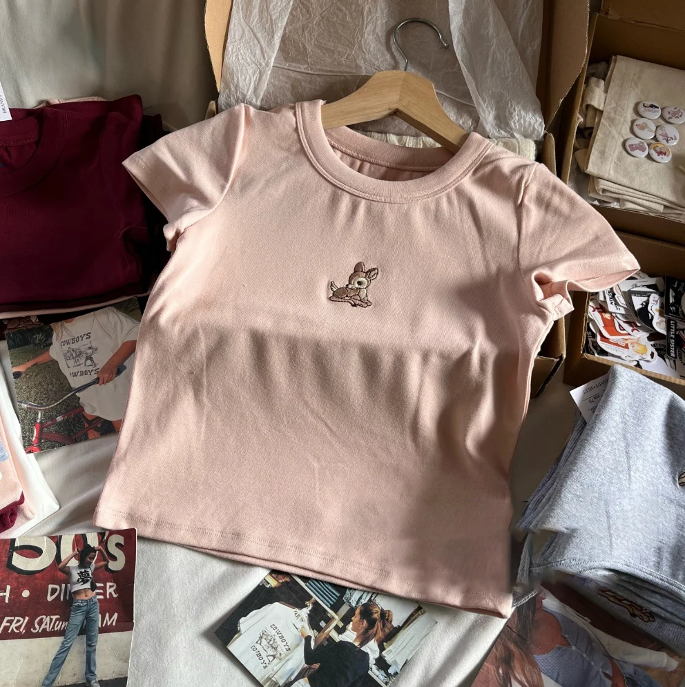Little Deer Embroidery Pink T Shirt Women Cotton Round Neck Short Sleeve Tees Tops Female Vintage Cute Summer Slim Crop Top Y2k