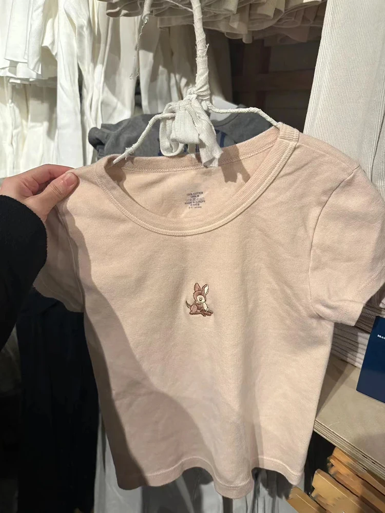 Little Deer Embroidery Pink T Shirt Women Cotton Round Neck Short Sleeve Tees Tops Female Vintage Cute Summer Slim Crop Top Y2k