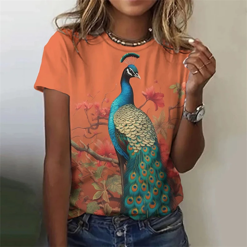 Fashion Women's T-shirt With Cute Peacock Graphic 3D Printed Short Sleeve Summer T-shirts Oversized Loose Women's Clothing