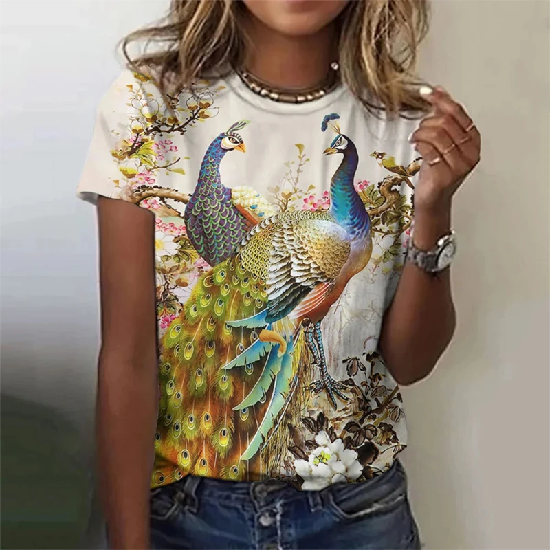 Fashion Women's T-shirt With Cute Peacock Graphic 3D Printed Short Sleeve Summer T-shirts Oversized Loose Women's Clothing