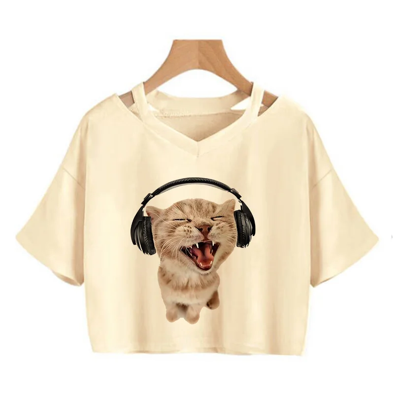 Streetwear Funny Cat T Shirt Crop Top Women Shirt Cropped Graphic Ulzzang T-shirt 90s Tshirt Top Tee Female Gothic