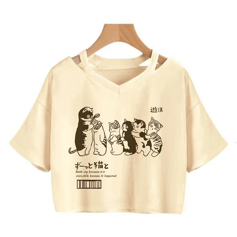 Streetwear Funny Cat T Shirt Crop Top Women Shirt Cropped Graphic Ulzzang T-shirt 90s Tshirt Top Tee Female Gothic