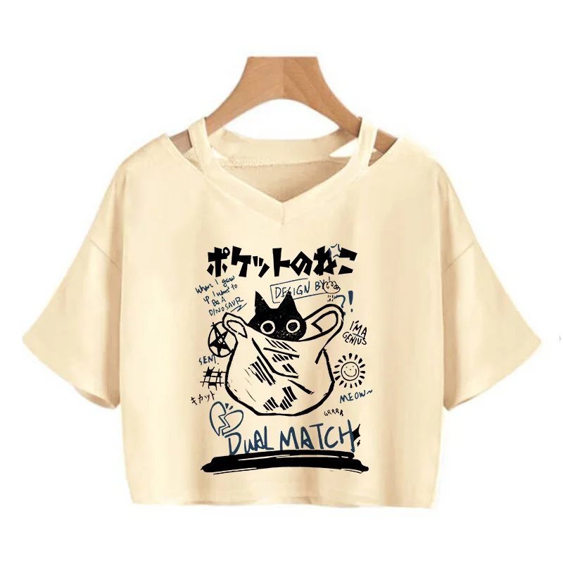 Streetwear Funny Cat T Shirt Crop Top Women Shirt Cropped Graphic Ulzzang T-shirt 90s Tshirt Top Tee Female Gothic