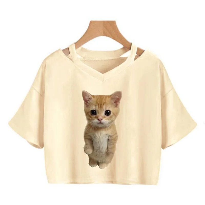 Streetwear Funny Cat T Shirt Crop Top Women Shirt Cropped Graphic Ulzzang T-shirt 90s Tshirt Top Tee Female Gothic