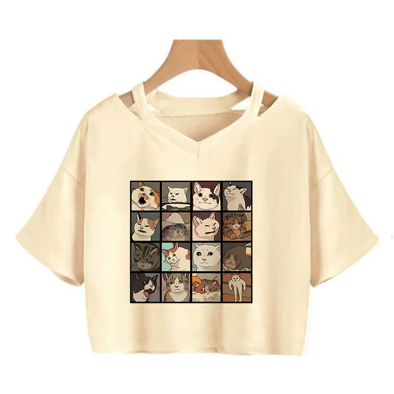 Streetwear Funny Cat T Shirt Crop Top Women Shirt Cropped Graphic Ulzzang T-shirt 90s Tshirt Top Tee Female Gothic