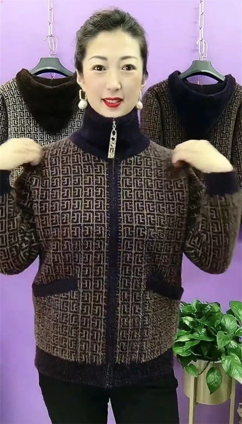 Thick Mink-Like Sweater Coat Short Women Mother's Hooded Woolen Jacket Autumn Winter 2025New Knitted Cardigan Ladies Outcoat Top