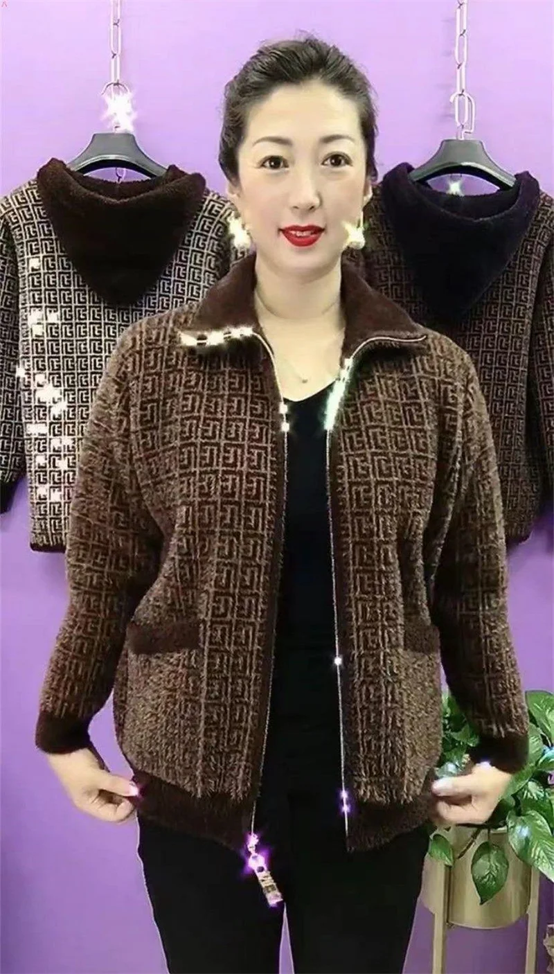 Thick Mink-Like Sweater Coat Short Women Mother's Hooded Woolen Jacket Autumn Winter 2025New Knitted Cardigan Ladies Outcoat Top
