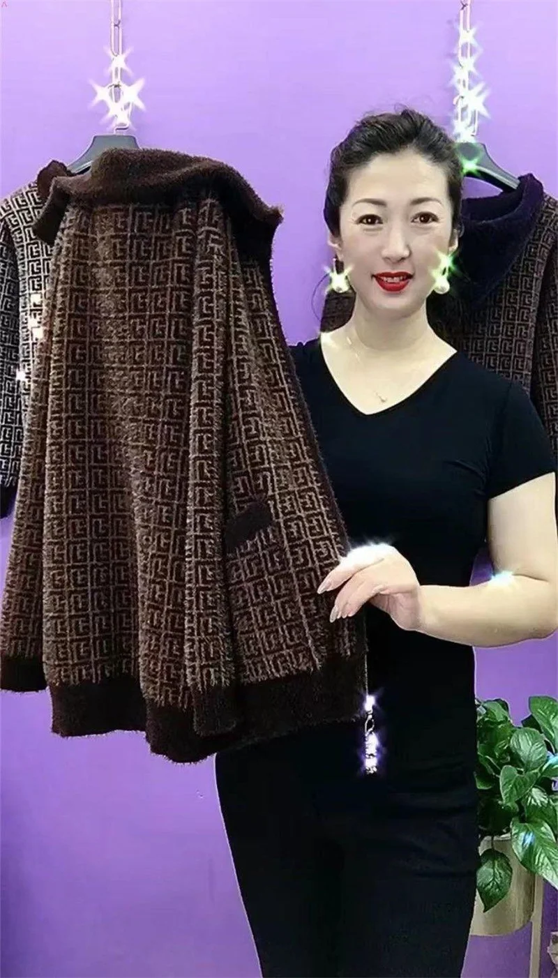 Thick Mink-Like Sweater Coat Short Women Mother's Hooded Woolen Jacket Autumn Winter 2025New Knitted Cardigan Ladies Outcoat Top