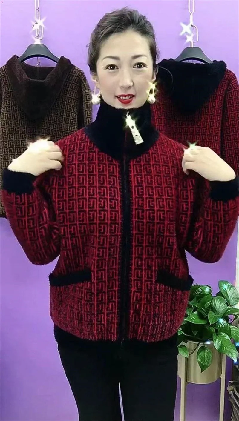 Thick Mink-Like Sweater Coat Short Women Mother's Hooded Woolen Jacket Autumn Winter 2025New Knitted Cardigan Ladies Outcoat Top