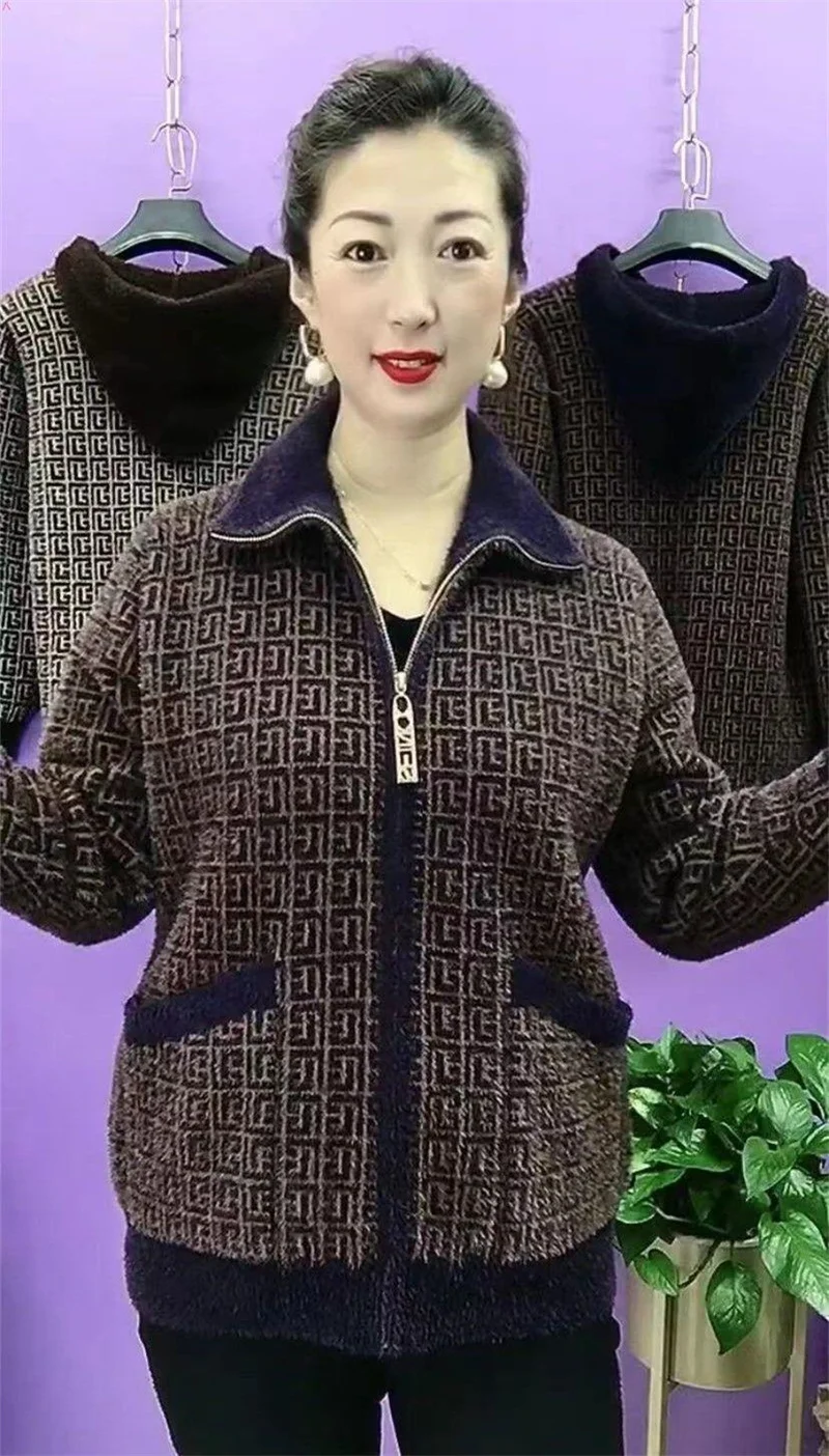 Thick Mink-Like Sweater Coat Short Women Mother's Hooded Woolen Jacket Autumn Winter 2025New Knitted Cardigan Ladies Outcoat Top