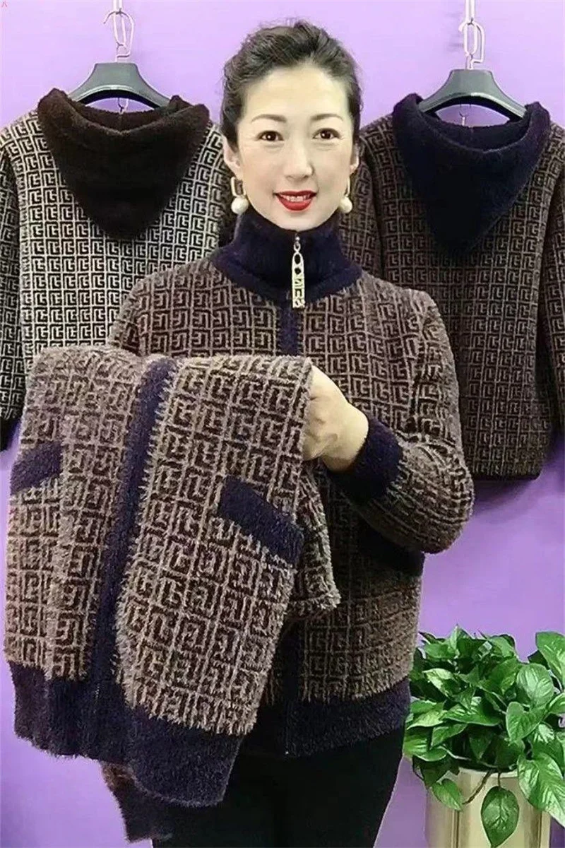 Thick Mink-Like Sweater Coat Short Women Mother's Hooded Woolen Jacket Autumn Winter 2025New Knitted Cardigan Ladies Outcoat Top