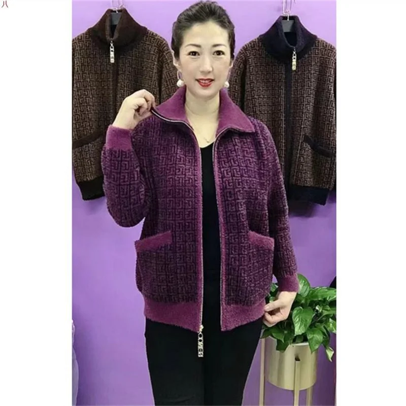 Thick Mink-Like Sweater Coat Short Women Mother's Hooded Woolen Jacket Autumn Winter 2025New Knitted Cardigan Ladies Outcoat Top
