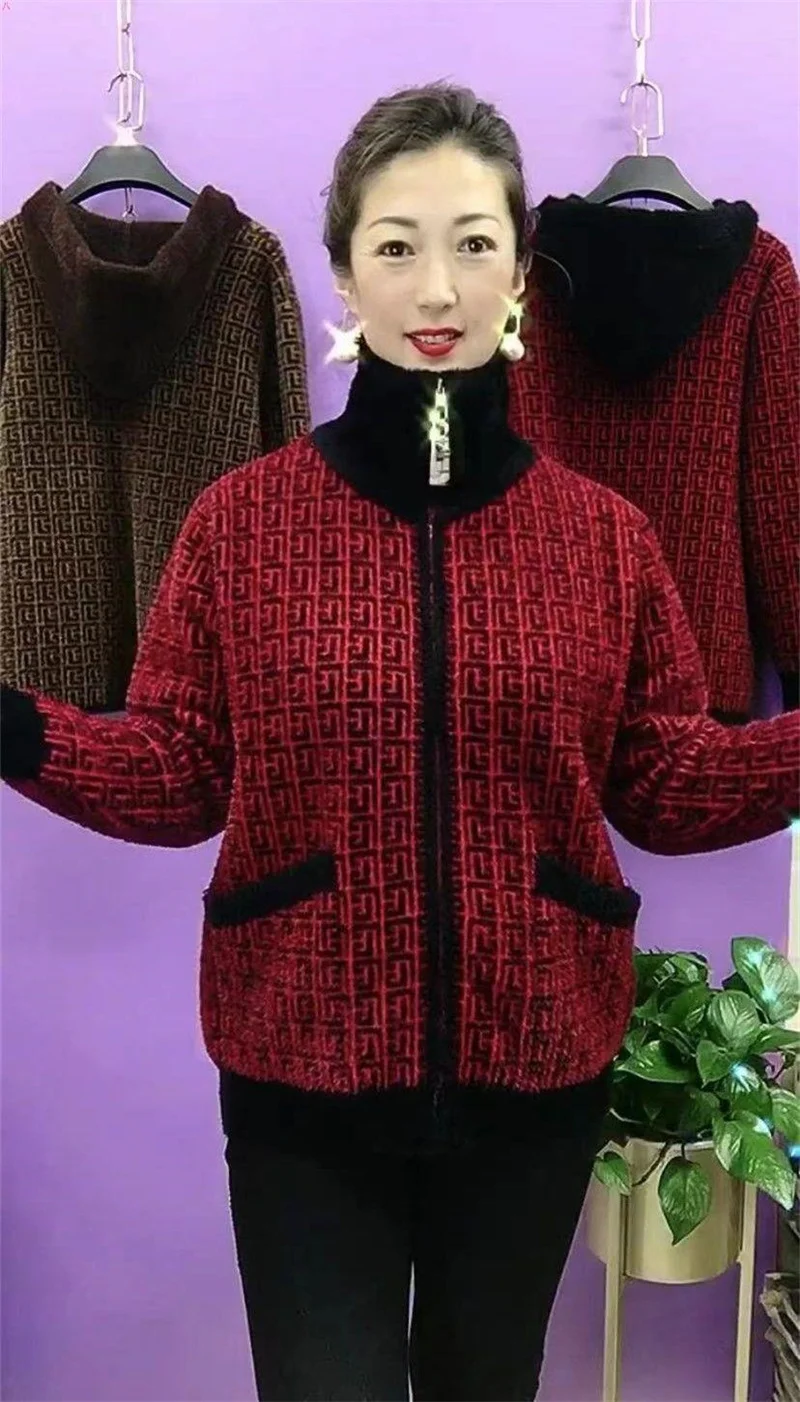 Thick Mink-Like Sweater Coat Short Women Mother's Hooded Woolen Jacket Autumn Winter 2025New Knitted Cardigan Ladies Outcoat Top