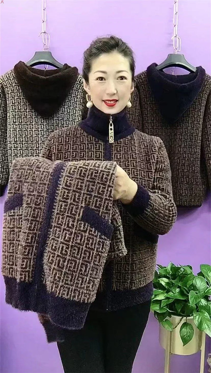 Thick Mink-Like Sweater Coat Short Women Mother's Hooded Woolen Jacket Autumn Winter 2025New Knitted Cardigan Ladies Outcoat Top