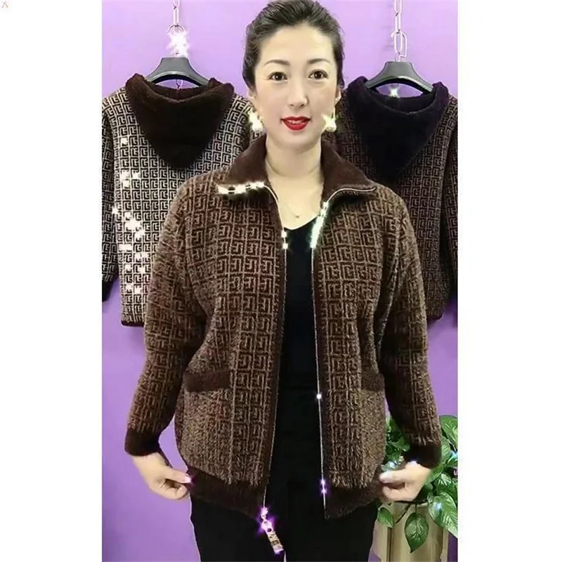 Thick Mink-Like Sweater Coat Short Women Mother's Hooded Woolen Jacket Autumn Winter 2025New Knitted Cardigan Ladies Outcoat Top