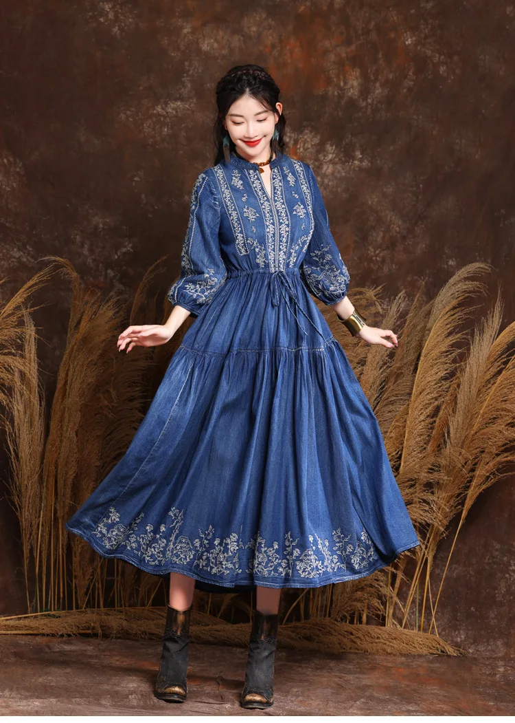 M-6xl Women Vintage Flower Embroidery Elastic Waist Middle Sleeve Long Casual Maxi Beach Dress Plus Size Vestido