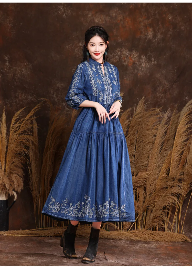 M-6xl Women Vintage Flower Embroidery Elastic Waist Middle Sleeve Long Casual Maxi Beach Dress Plus Size Vestido