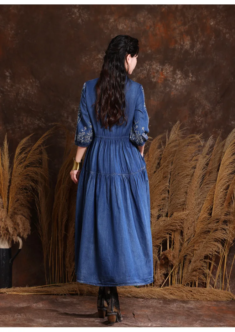 M-6xl Women Vintage Flower Embroidery Elastic Waist Middle Sleeve Long Casual Maxi Beach Dress Plus Size Vestido