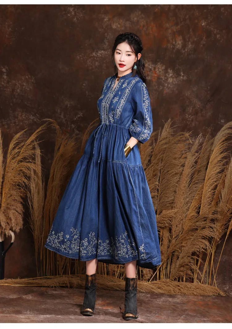 M-6xl Women Vintage Flower Embroidery Elastic Waist Middle Sleeve Long Casual Maxi Beach Dress Plus Size Vestido