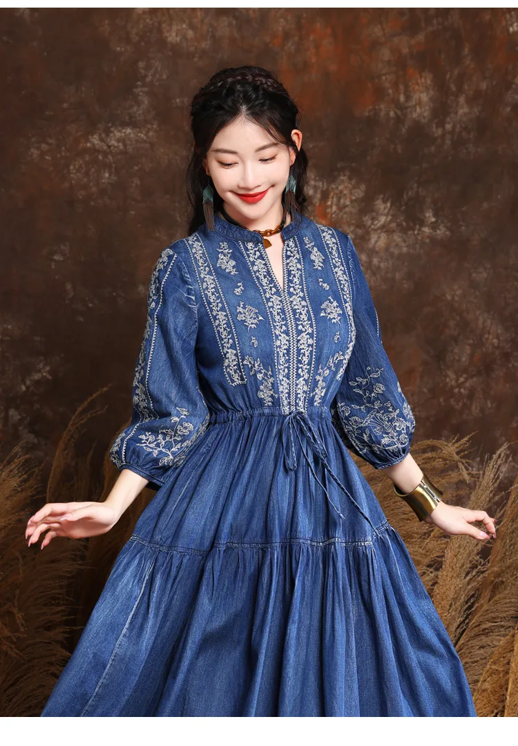 M-6xl Women Vintage Flower Embroidery Elastic Waist Middle Sleeve Long Casual Maxi Beach Dress Plus Size Vestido