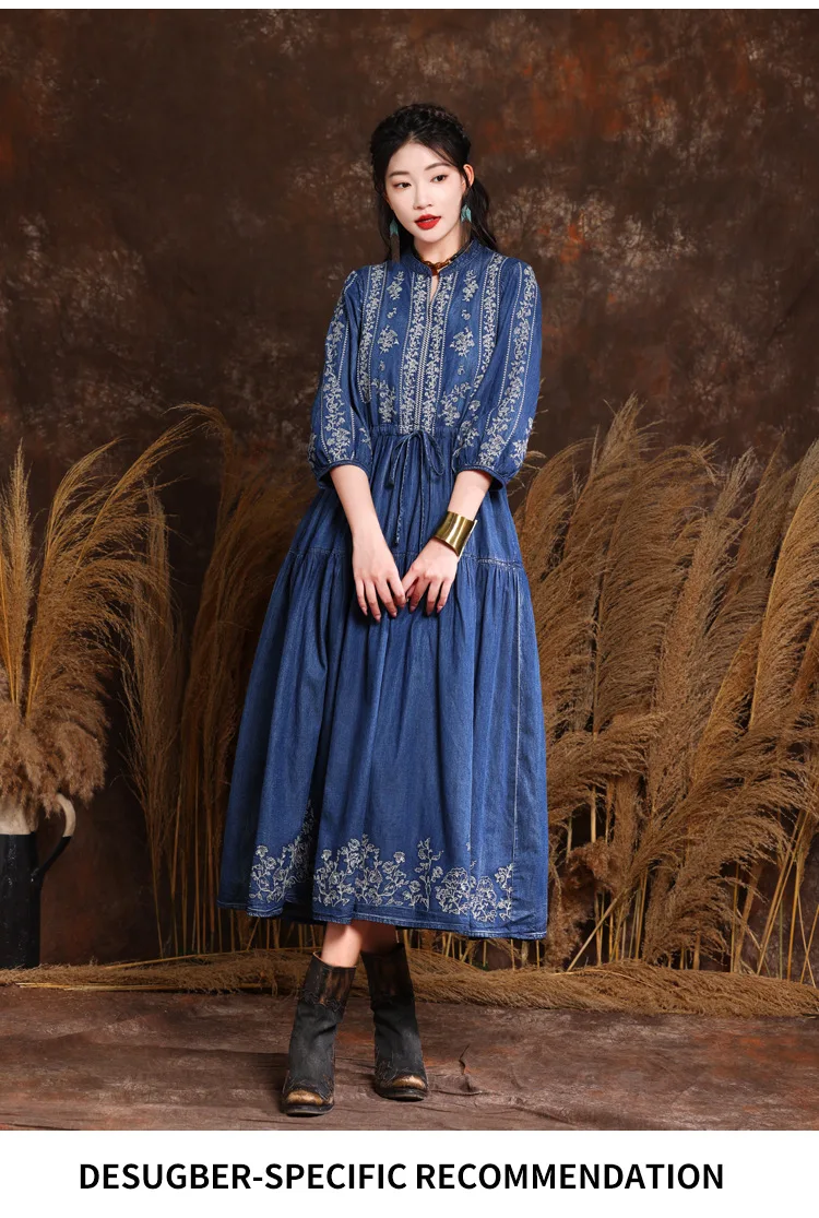 M-6xl Women Vintage Flower Embroidery Elastic Waist Middle Sleeve Long Casual Maxi Beach Dress Plus Size Vestido
