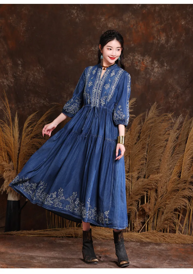 M-6xl Women Vintage Flower Embroidery Elastic Waist Middle Sleeve Long Casual Maxi Beach Dress Plus Size Vestido