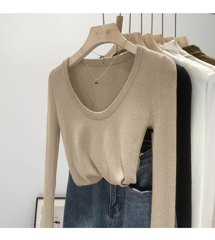 DUOJIHUI New Chic Neck Slim Knitting Autumn Female T-shirts Simple Casual Fashion Office Ladies Basic Solid Color Women T-shirts
