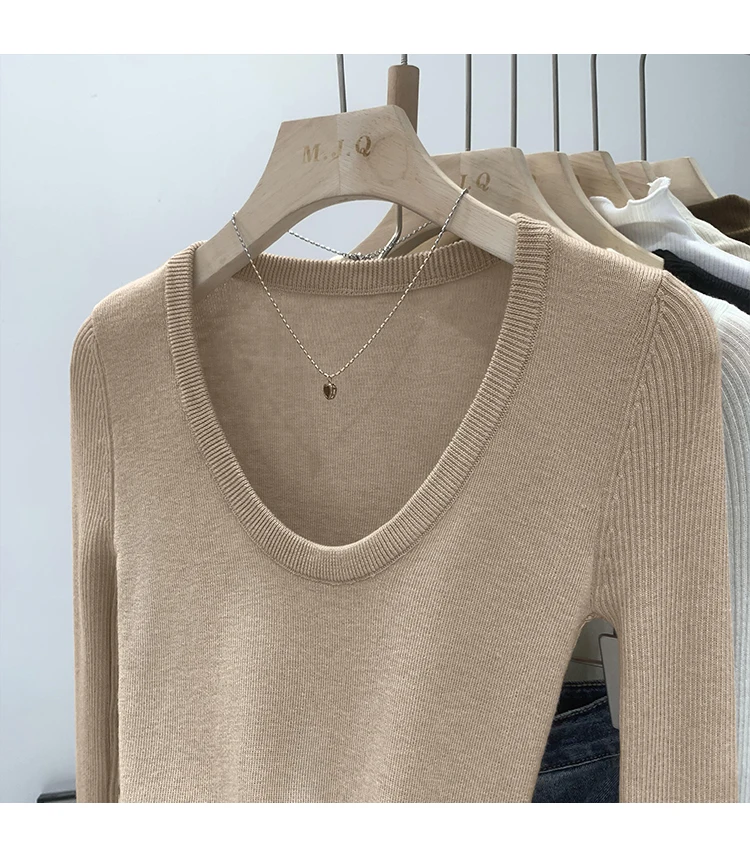 DUOJIHUI New Chic Neck Slim Knitting Autumn Female T-shirts Simple Casual Fashion Office Ladies Basic Solid Color Women T-shirts