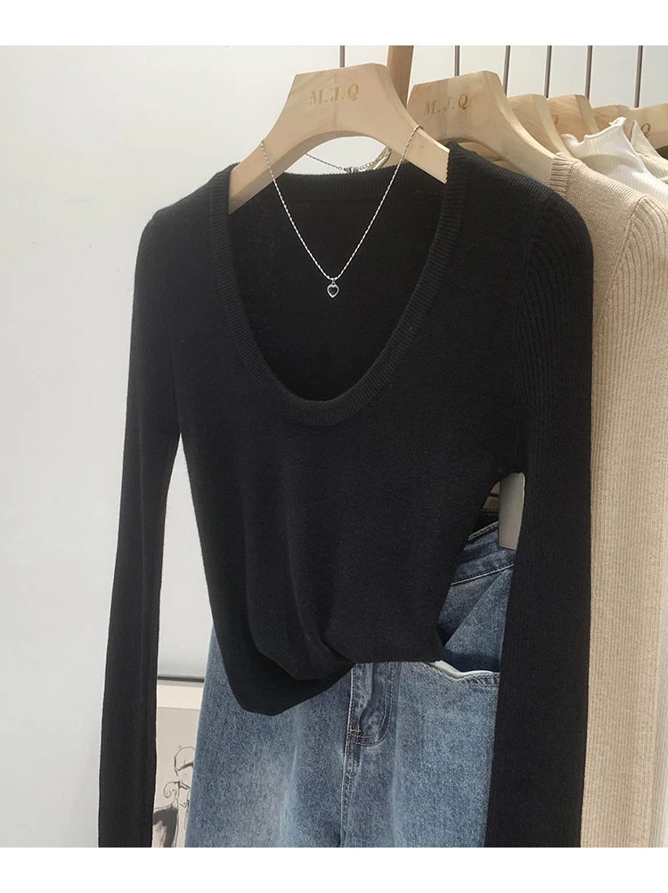 DUOJIHUI New Chic Neck Slim Knitting Autumn Female T-shirts Simple Casual Fashion Office Ladies Basic Solid Color Women T-shirts