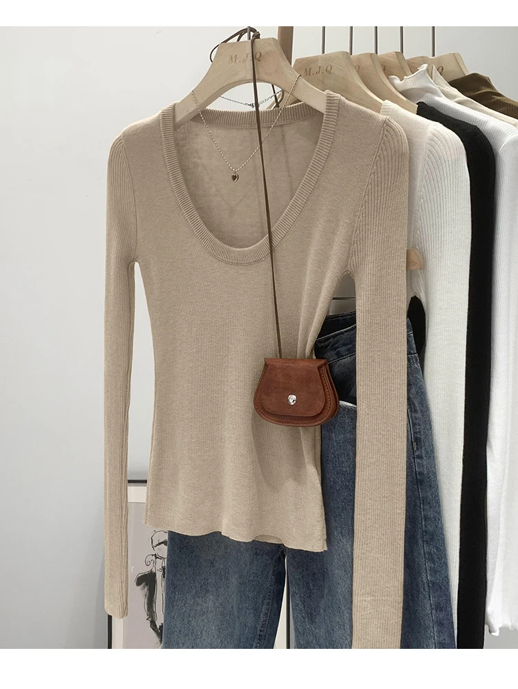 DUOJIHUI New Chic Neck Slim Knitting Autumn Female T-shirts Simple Casual Fashion Office Ladies Basic Solid Color Women T-shirts