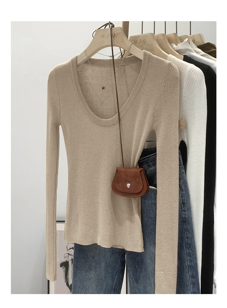 DUOJIHUI New Chic Neck Slim Knitting Autumn Female T-shirts Simple Casual Fashion Office Ladies Basic Solid Color Women T-shirts