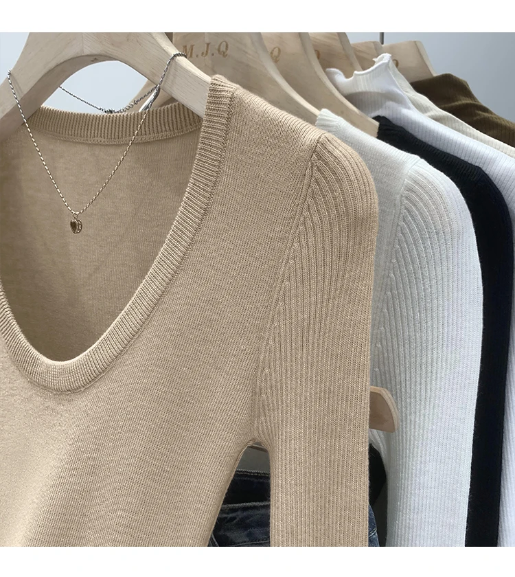 DUOJIHUI New Chic Neck Slim Knitting Autumn Female T-shirts Simple Casual Fashion Office Ladies Basic Solid Color Women T-shirts