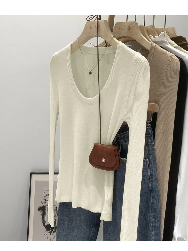 DUOJIHUI New Chic Neck Slim Knitting Autumn Female T-shirts Simple Casual Fashion Office Ladies Basic Solid Color Women T-shirts