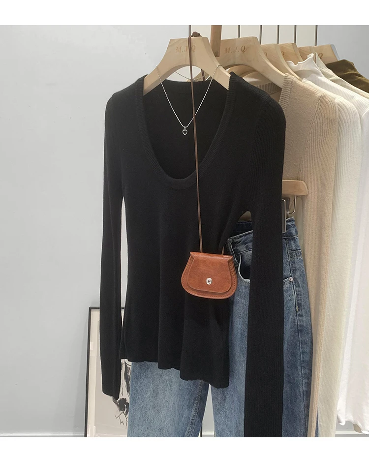 DUOJIHUI New Chic Neck Slim Knitting Autumn Female T-shirts Simple Casual Fashion Office Ladies Basic Solid Color Women T-shirts