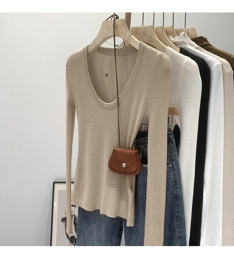 DUOJIHUI New Chic Neck Slim Knitting Autumn Female T-shirts Simple Casual Fashion Office Ladies Basic Solid Color Women T-shirts