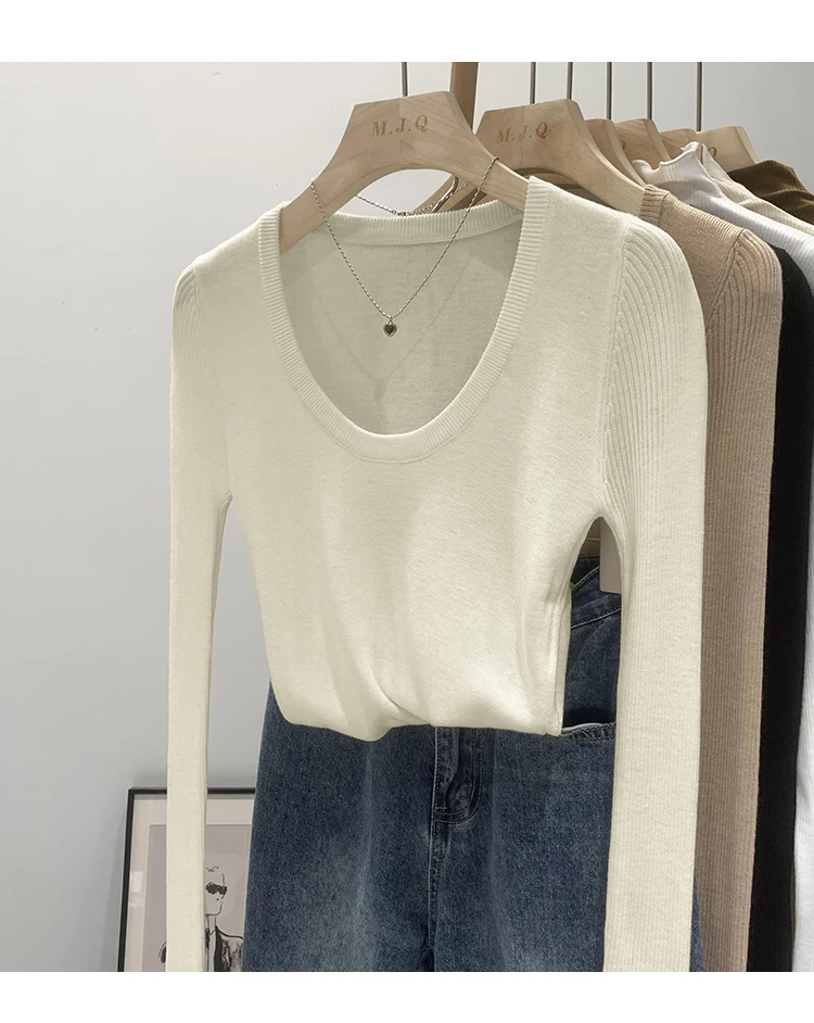DUOJIHUI New Chic Neck Slim Knitting Autumn Female T-shirts Simple Casual Fashion Office Ladies Basic Solid Color Women T-shirts