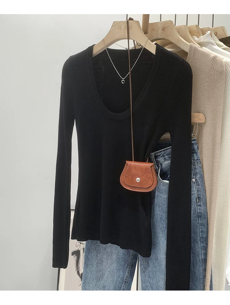 DUOJIHUI New Chic Neck Slim Knitting Autumn Female T-shirts Simple Casual Fashion Office Ladies Basic Solid Color Women T-shirts