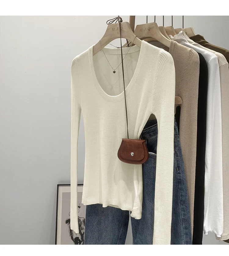 DUOJIHUI New Chic Neck Slim Knitting Autumn Female T-shirts Simple Casual Fashion Office Ladies Basic Solid Color Women T-shirts