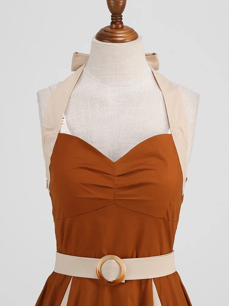 Tonval Brown and Beige Patchwork Vintage Cotton Dresses for Women Sweetheart Neck High Waist Backless Party Dresses