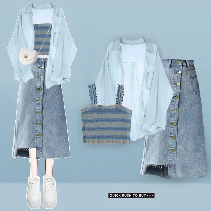 Women's Summer New In Matching Set 2026 Korean Elegant Chiffon Sunscreen Shirt+suspender+denim Skirt 3 Piece Female Dress Suit