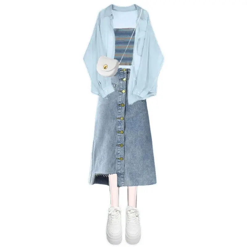 Women's Summer New In Matching Set 2026 Korean Elegant Chiffon Sunscreen Shirt+suspender+denim Skirt 3 Piece Female Dress Suit